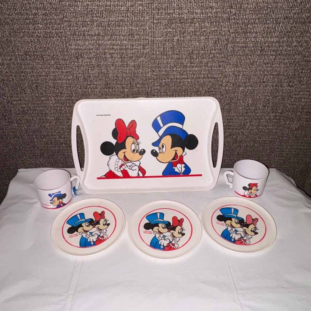 Vintage Disney Mickey Minnie Mouse Plastic Tea Set Tray Plates Mugs 6 Piece